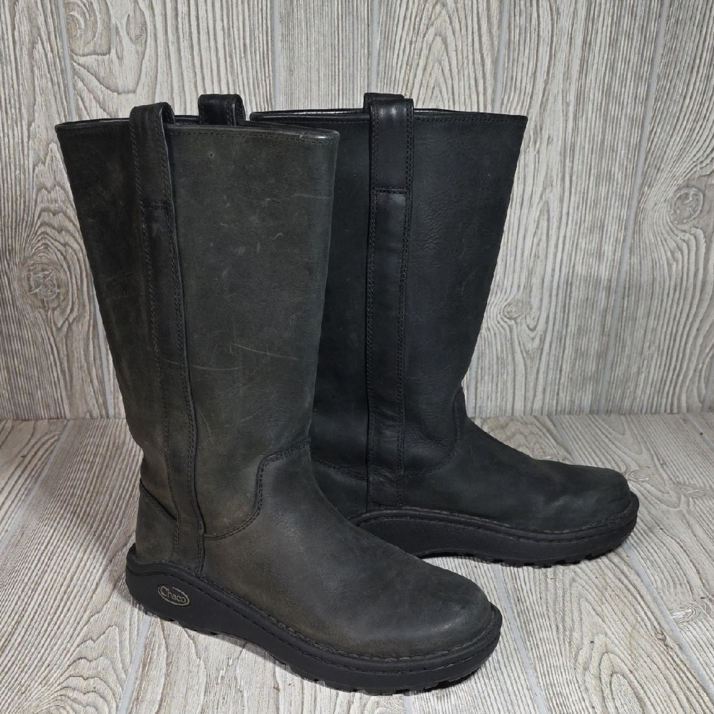 Chaco Credence Tall Dark Grey Leather Boots Womens Size 6.5